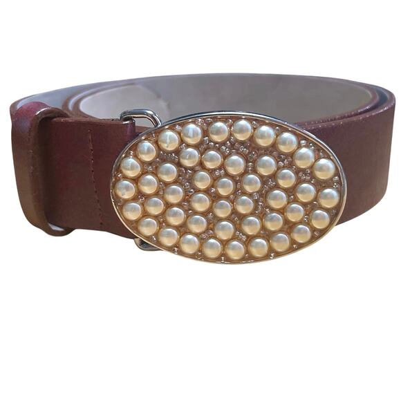 Streets Ahead Maroon Leather  Belt Gold Pearl Buckle Made in USA Size Large - Picture 1 of 9